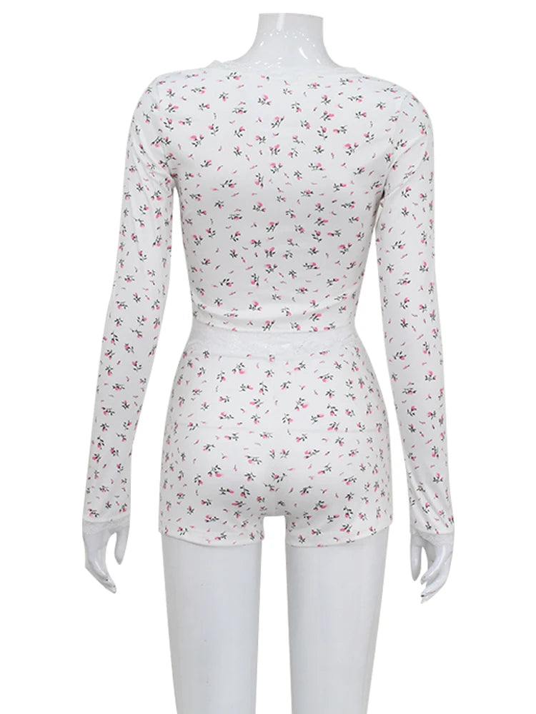 Sexy Women 2 Piece Outfit French Style Floral Lace Long Sleeve Top Shorts Set Casual Pajamas Tracksuit Club Party Lounge
