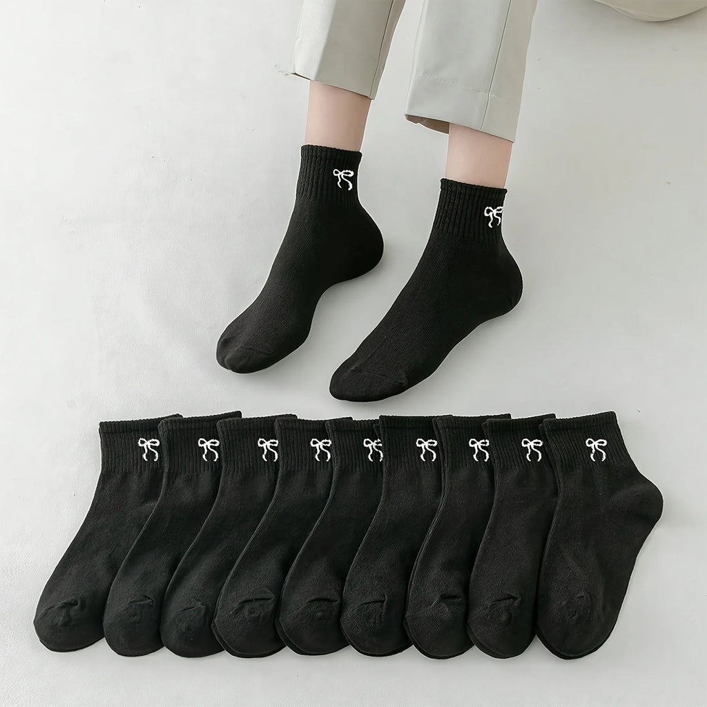 8 Pairs of Socks in Random Mixed Colors, Simple Solid Color Children's Socks, Trendy and Versatile Mid-Calf Socks with Bow Pattern, Suitable for Casual Daily Life