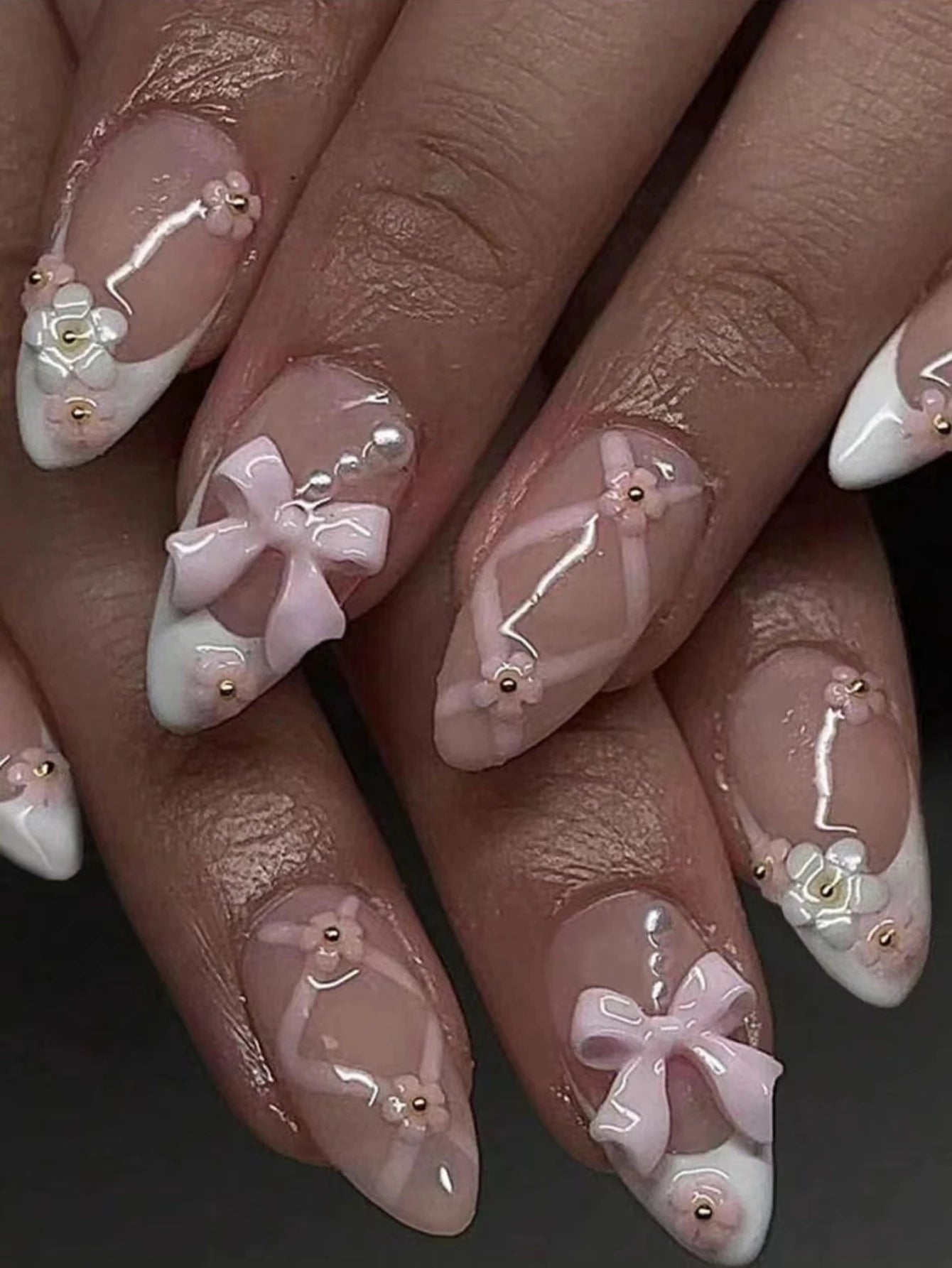 24PCS- Long coffin shaped fake nails, pink three-dimensional butterfly, pink flower decoration, suitable for dating, dinner