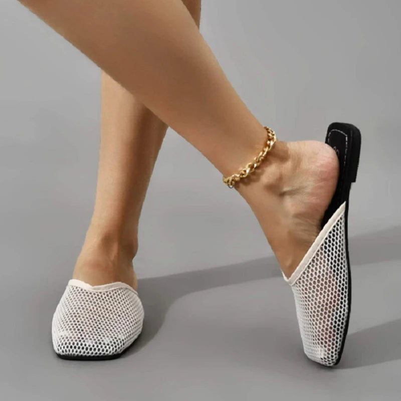 Summer Women Slippers Sexy Mesh Mules Indoor Home Slides Square Toe Female Flats Shoes Outdoor Clogs Beach Sandals Flip Flops 43
