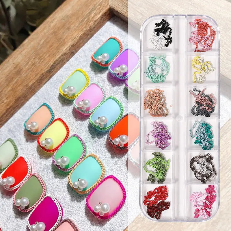 Misscheering 12 Grid Mixed Style Nail Chain Jewelry For DIY Art Decoration Fashion Metal Nails Accessories For Manicure Design