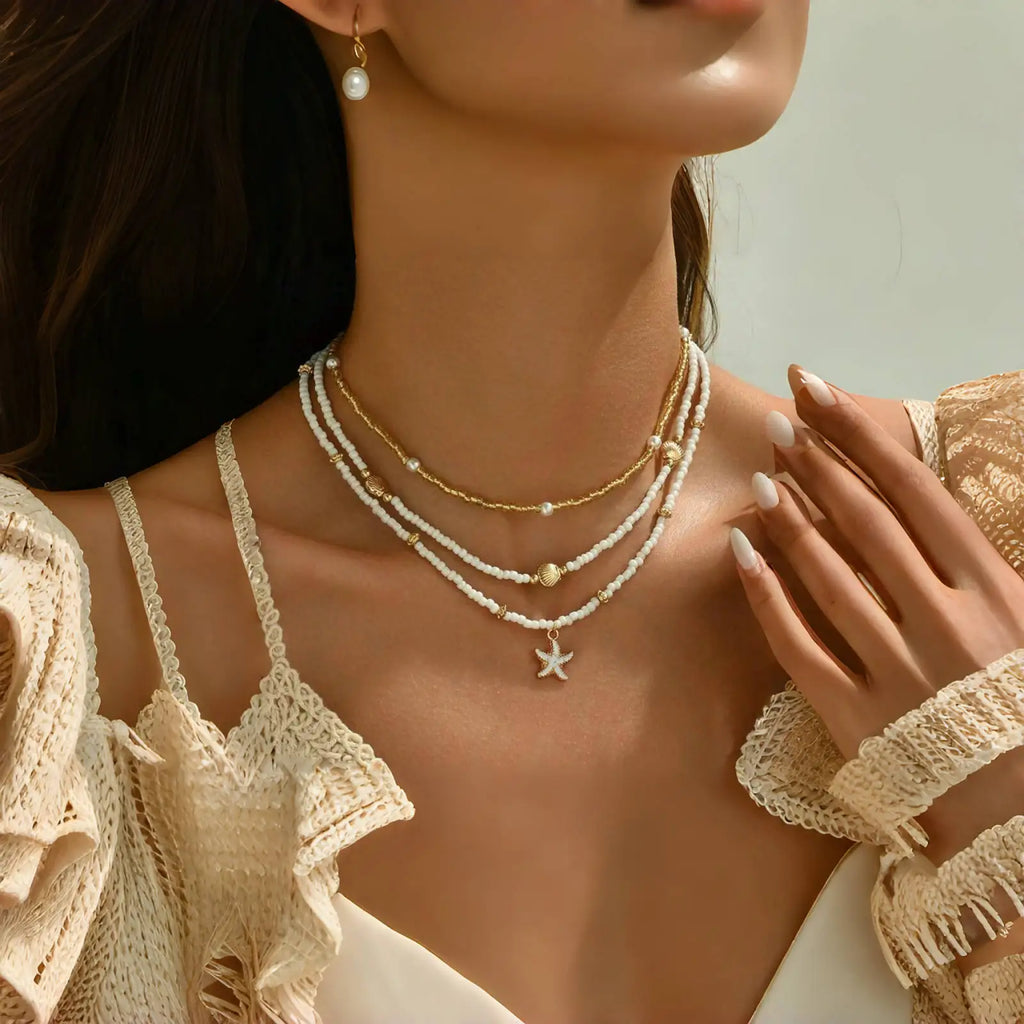 Bohemian Handmade Bead Stacked Choker Delicate Starfish Shell Pendant Necklace Women's Summer Beach Party Vacation Jewelry