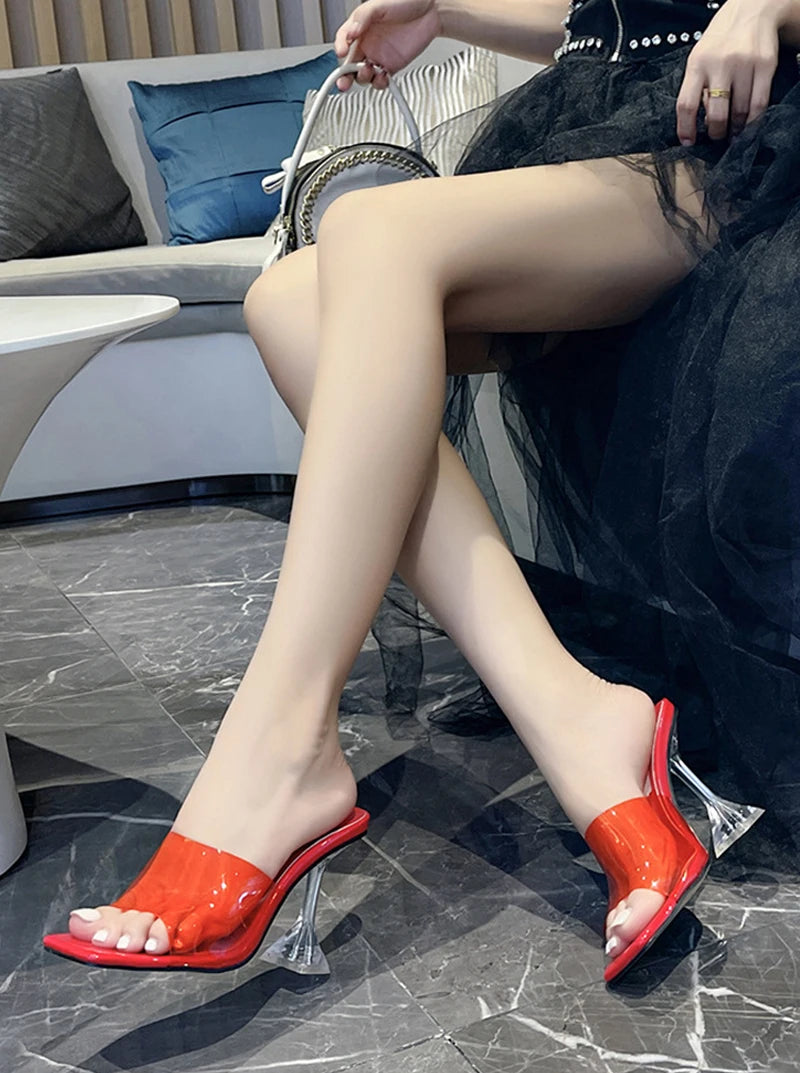 Liyke 2026 New Transparent Crystal Clear Heels Women Slippers Candy Color PVC Shoes Female Mules Slides Summer Sandals Size 46
