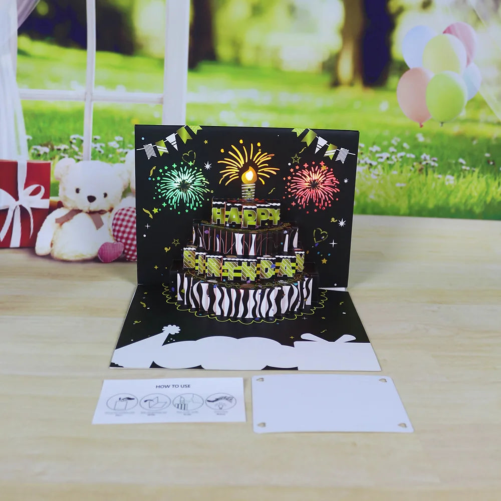 1pcHappy Birthday Card Fireworks 3D Pop Up Cake Light and Music Happy Birthday Card Gift Greeting Card for Husband Kids Wife Mom