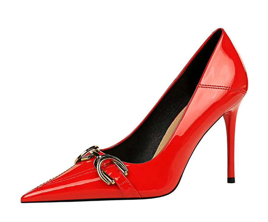 Red White Metal Buckle Wedding Shoes Women 2026 New Patent Leather Shallow High Heels Pumps Fashion Pointy Toe Party Shoes Woman