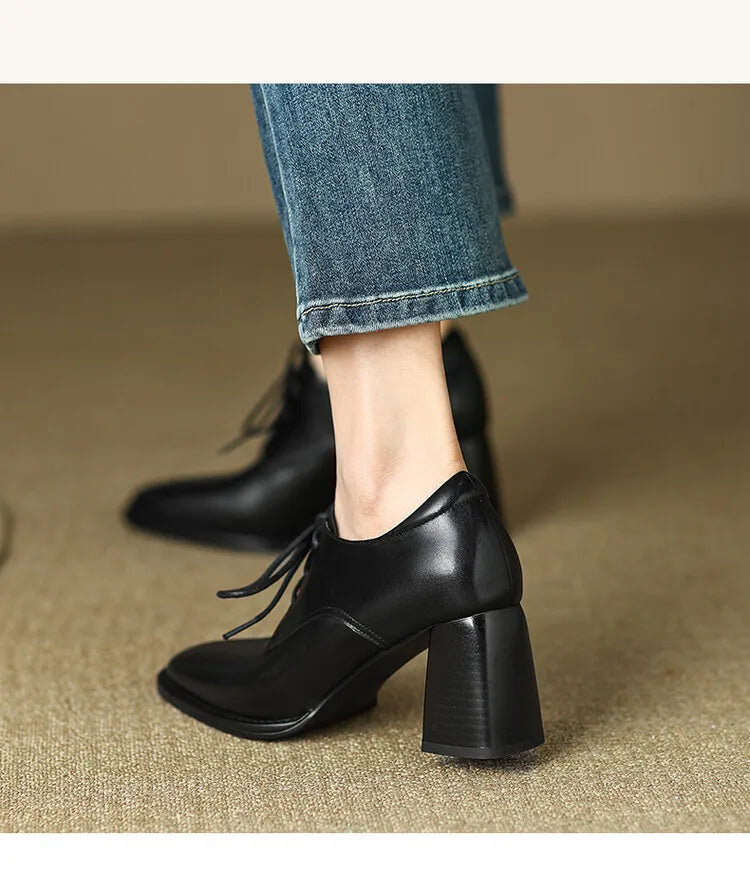 NEW Spring/Autumn Women Loafers Square Toe High heels Split Leather Chunky Heel Pumps Women Plus Size Retro Lace Up Black Shoes