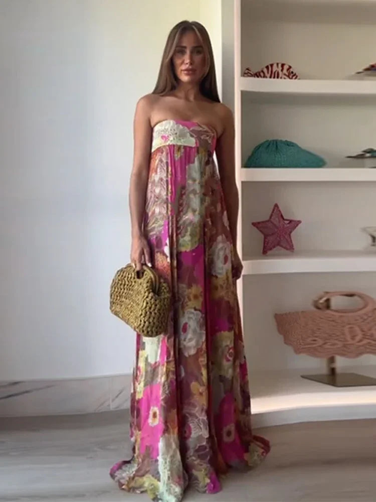 Printed Pleated Vacation Summer Long Dress Women Patchwork Sleeveless Backless Sexy Party Loose Zipper Robe Street Floor Dresses