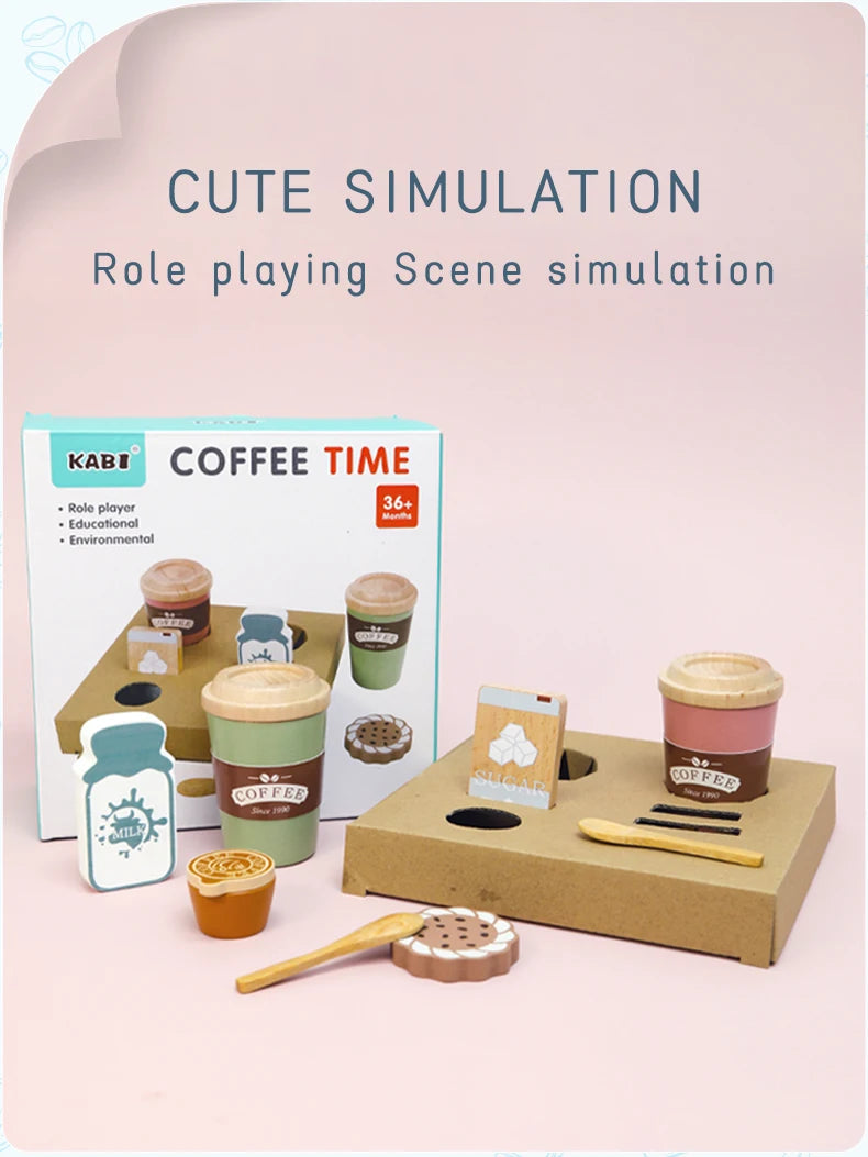 Kids Wooden Coffee Toy Set Toddler Pretend Play Kitchen Accessories Gift for Children House Play Early Educational Toys for Kids