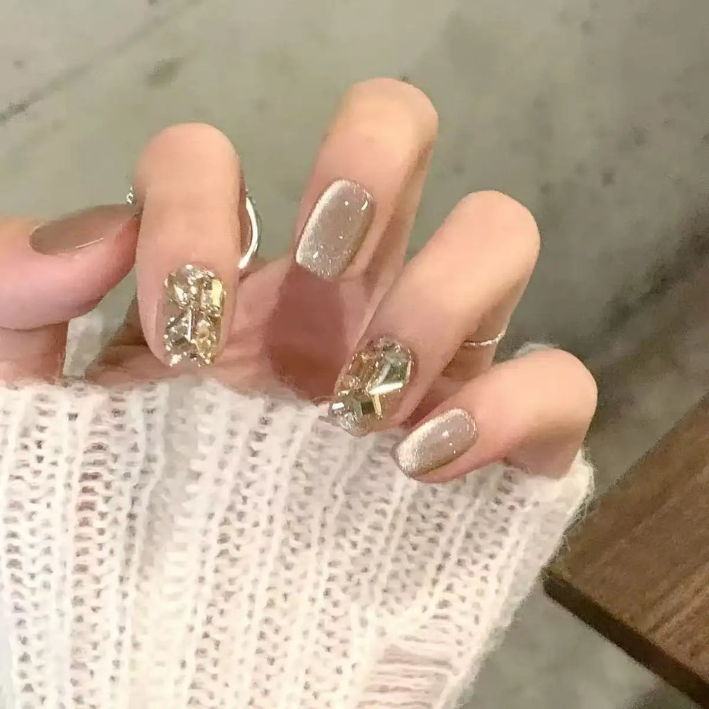 24 PCs Short French Minimalist Cat-eye Nails with 1 Jelly and 1 Nail File