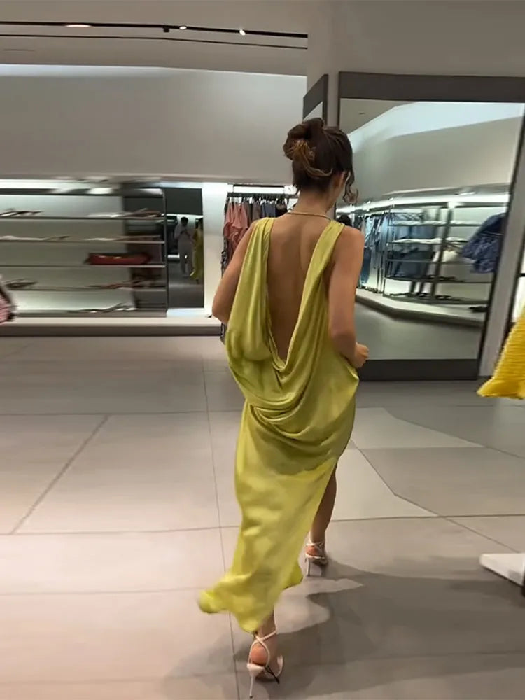 Elegant Pleated Backless Split Long Dress Women Sleeveless High Waist Green 2025 Summer New Holiday Party Dresses Street Robe