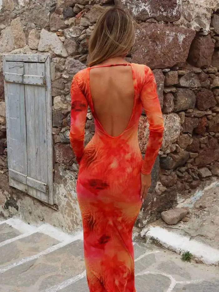 Sexy Slim Fit Long Sleeve Backless Tulle Dress High Waist Bodycon Gown Casual round Neckline Full Length Women's Fashion Dress