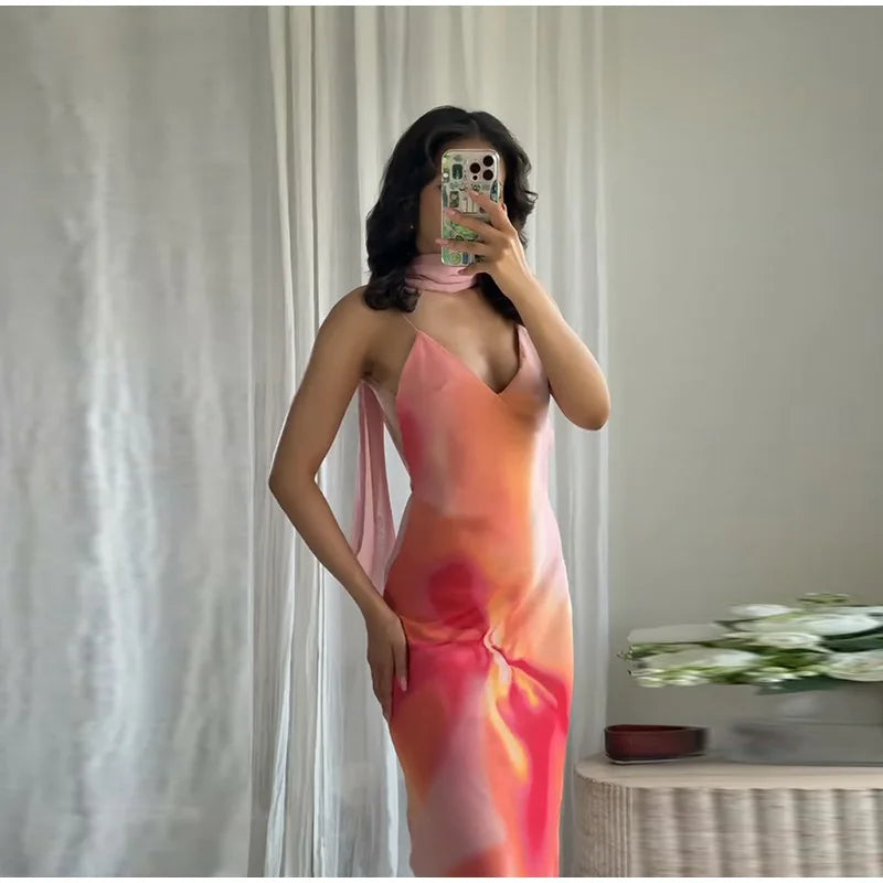 Elegant Tie Dye Printed Long Dress Women Ribbon V-neck Sleeveless Slim Sling Dresses 2025 Summer Lady Chic Beach Vacation Robes