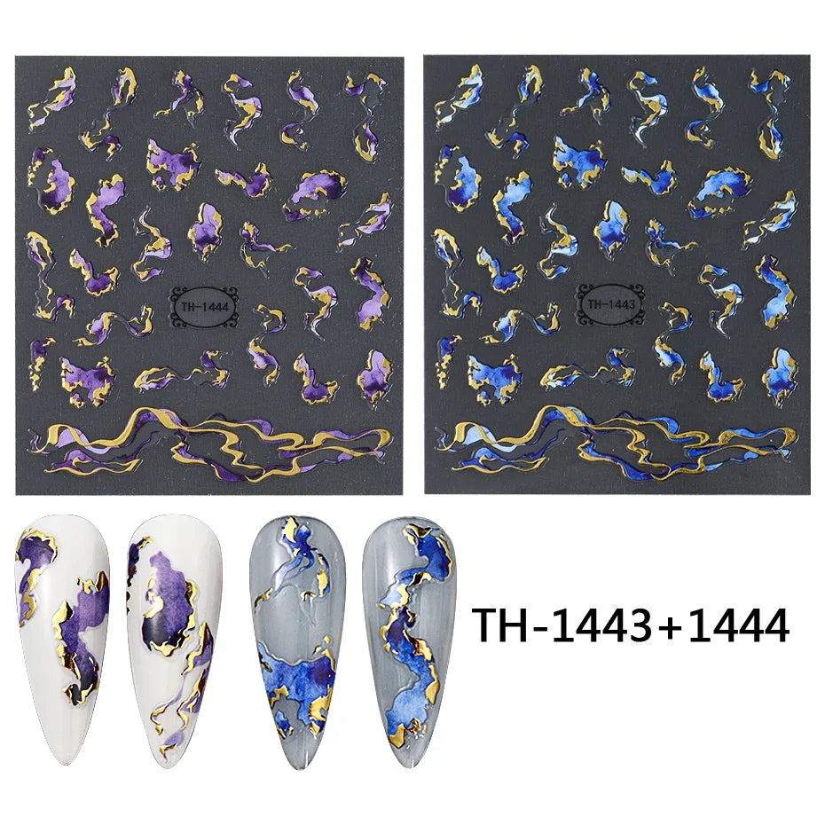 Nails Stickers Purple Blue Brown Ink Design Decals Gold Decorations Art Self-Adhesive Holographic Gel Slider Manicure Supplies