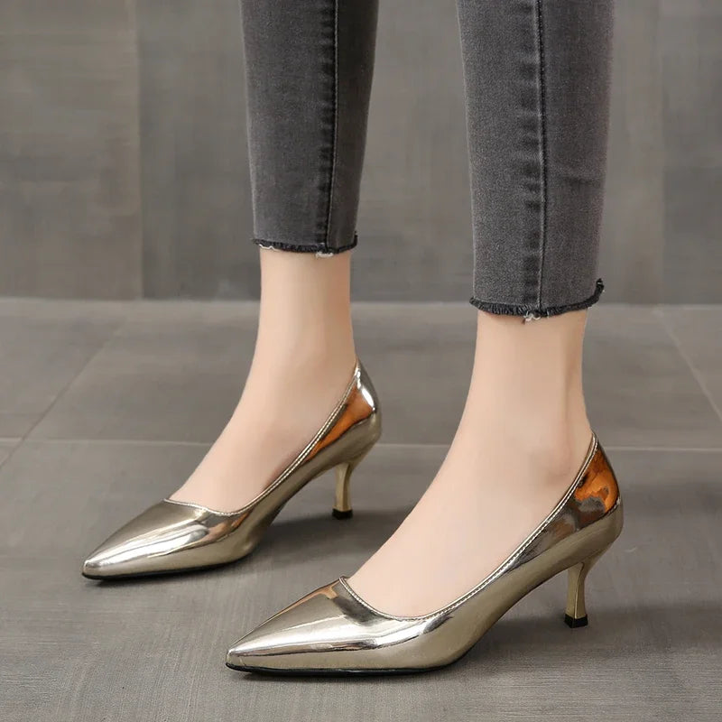 2026 New Lady Pointe Toe Gold Silver Pumps Female Wedding Bridal Shoes  Fashion Women Patent Leather High Heels Plus Size 45