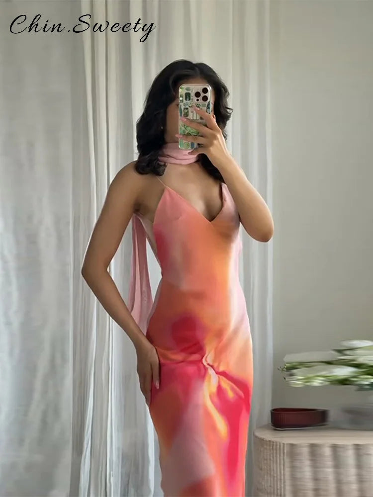 Elegant Tie Dye Printed Long Dress Women Ribbon V-neck Sleeveless Slim Sling Dresses 2025 Summer Lady Chic Beach Vacation Robes