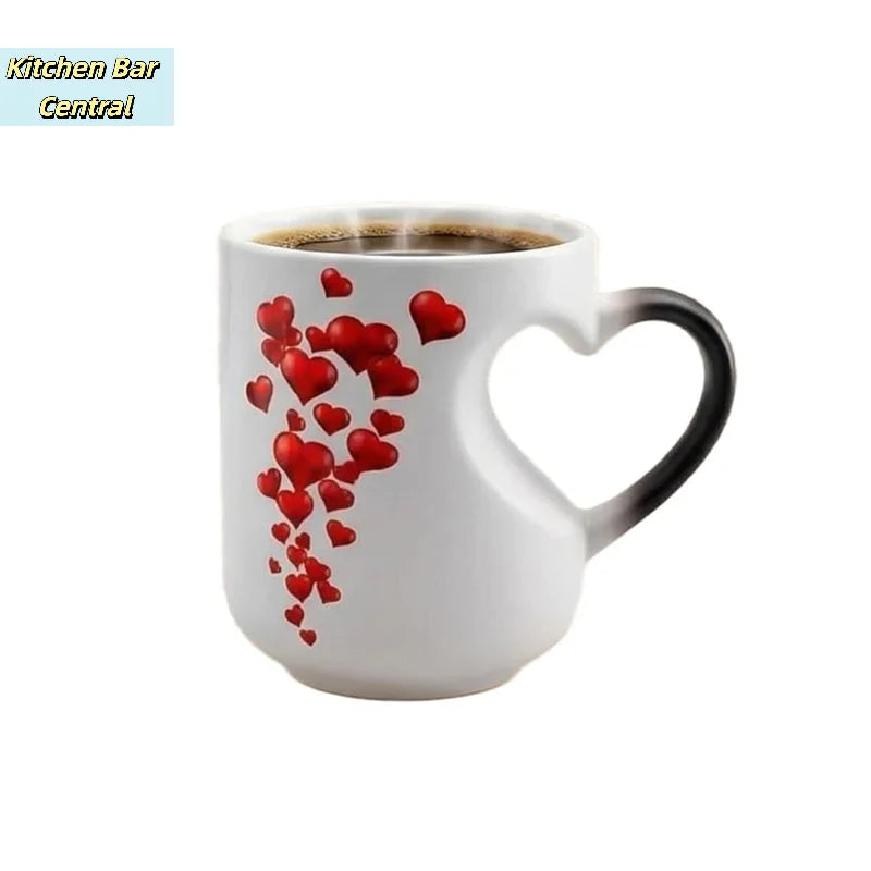 【Heart-Shaped Color Changing Magic Ceramic Mug Funny Color Changing Coffee Cup With Handle That Reveals Surprise Design】