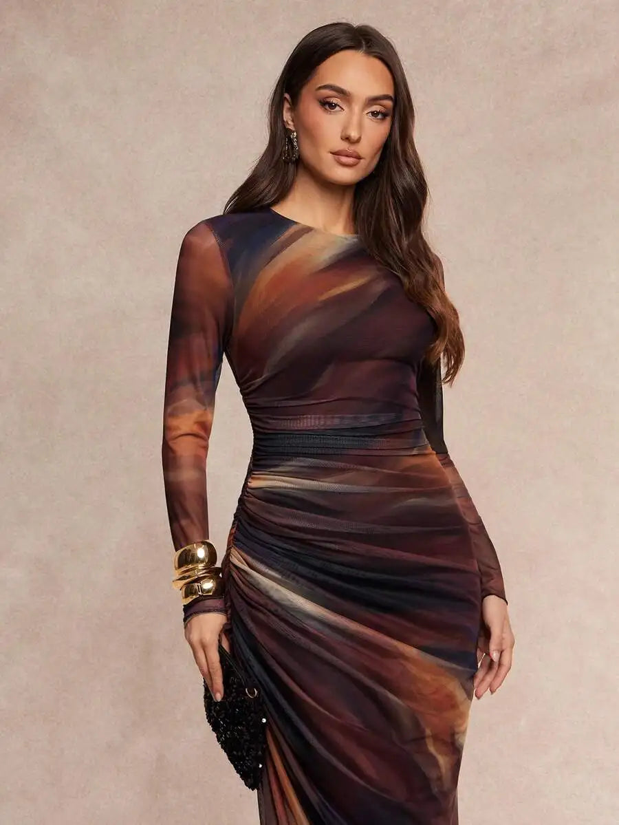 Womens Brown Tie-Dye Mesh Long Sleeve Ruched Waist Dress