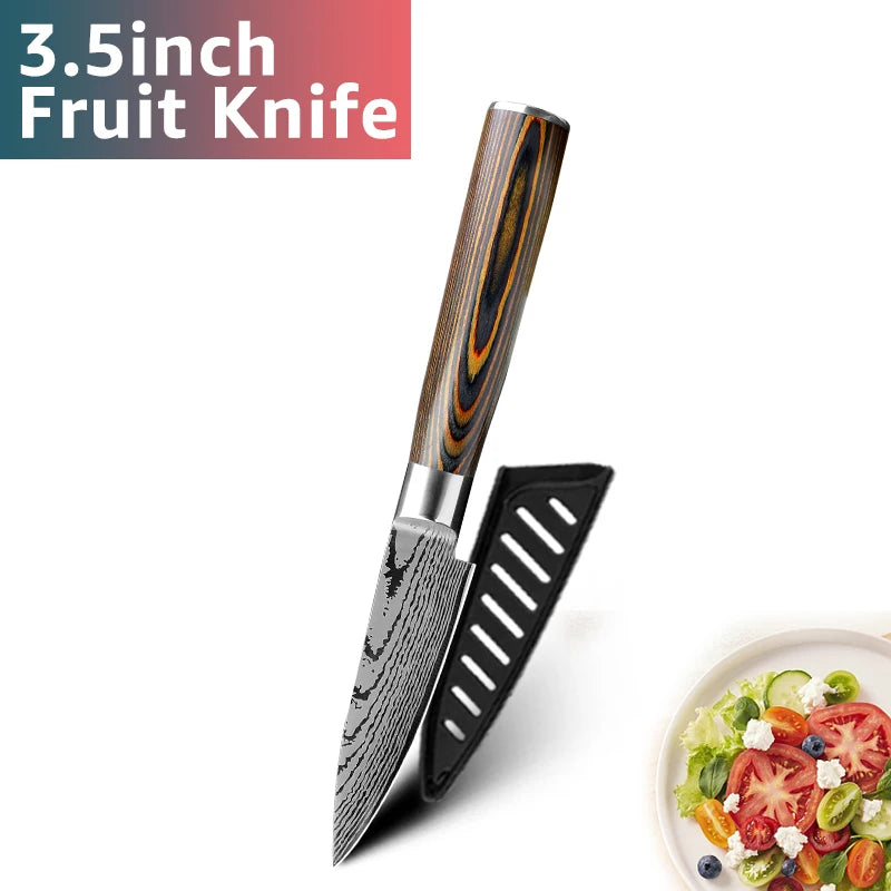 Kitchen Knife Chef Knives Japanese 7CR17 440C High Carbon Stainless Steel Imitation Damascus Sanding Laser Knife