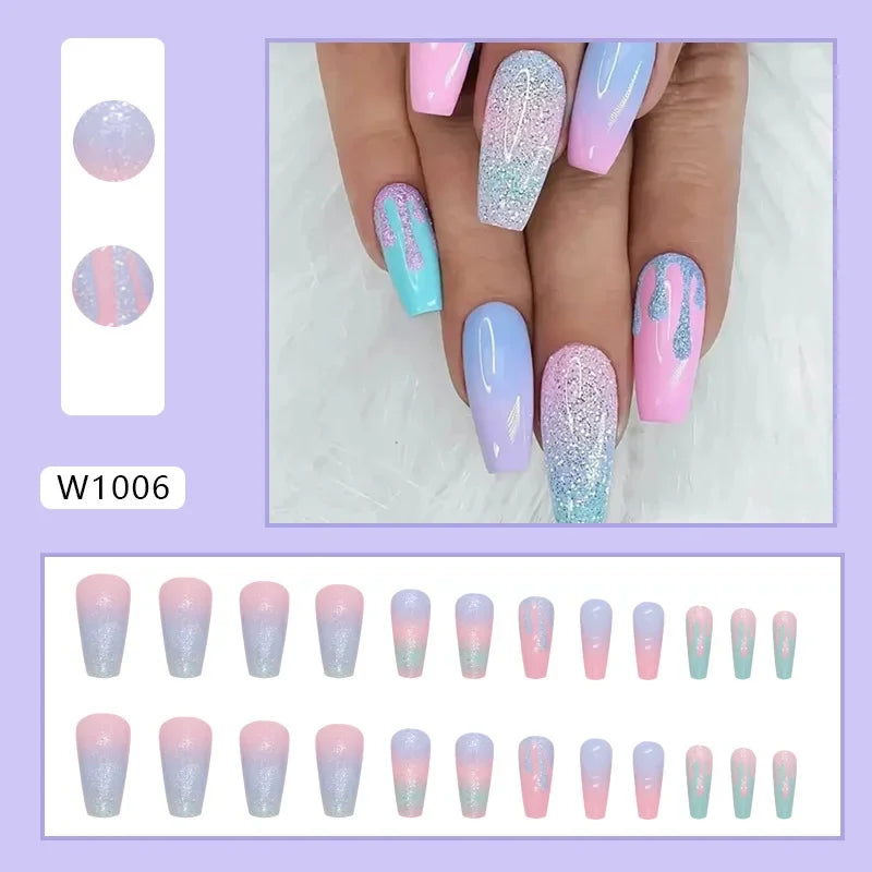 New Short Ballet 24 Pcs Fake Nail with Jelly sticker Press on False Nails Wearable Round Head Oval Full Cover Nail Tips