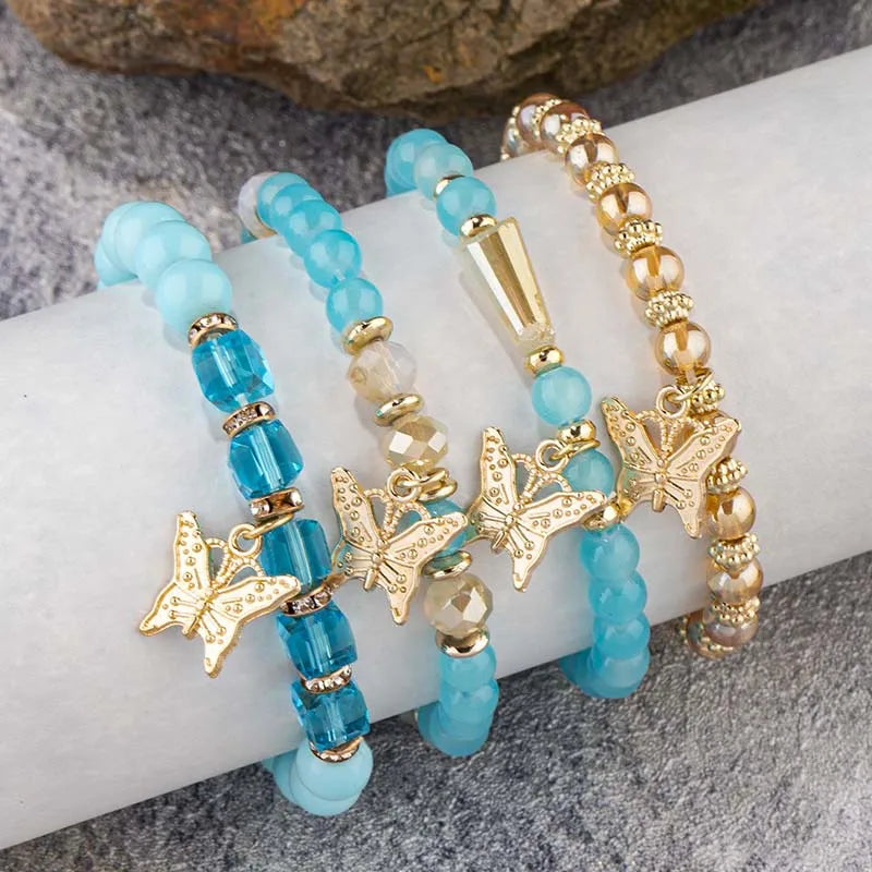 4Pcs Bohemian Butterfly Charm Bracelet Set For Women Crystal Beads Chain Bangle Female Fashion Party Jewelry Gift