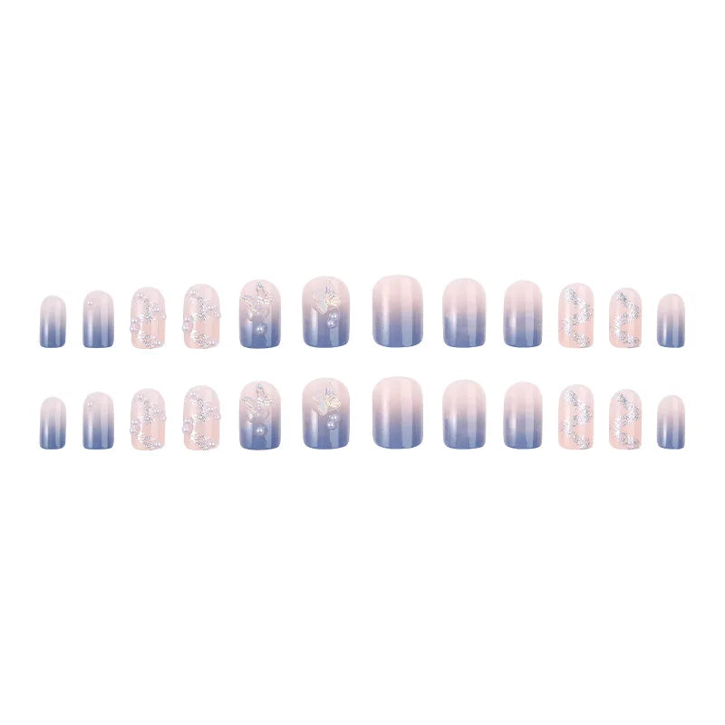 24PCS- Fake Nails Short Detachable Finished Fingernails Sparkling Butterflies Wearable False Nails press on Square Head Full Cov