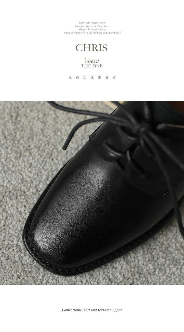 NEW Spring/Autumn Women Loafers Square Toe High heels Split Leather Chunky Heel Pumps Women Plus Size Retro Lace Up Black Shoes