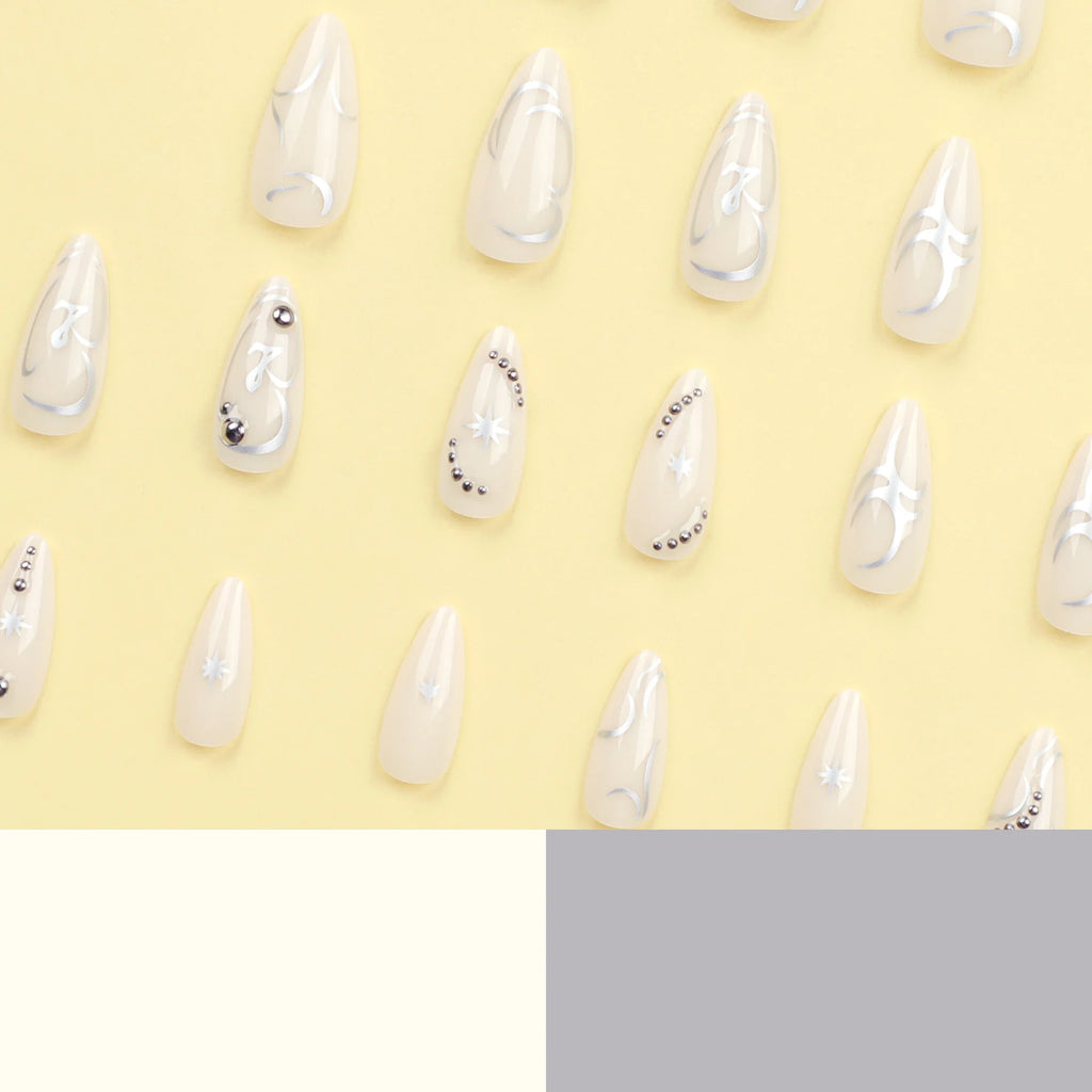 24pcs y2k Sliver Cool Fake Nails Goth Style 3D False Nail Patch Lady Women Wearable Detchable Artificial Nails Patches for Girls