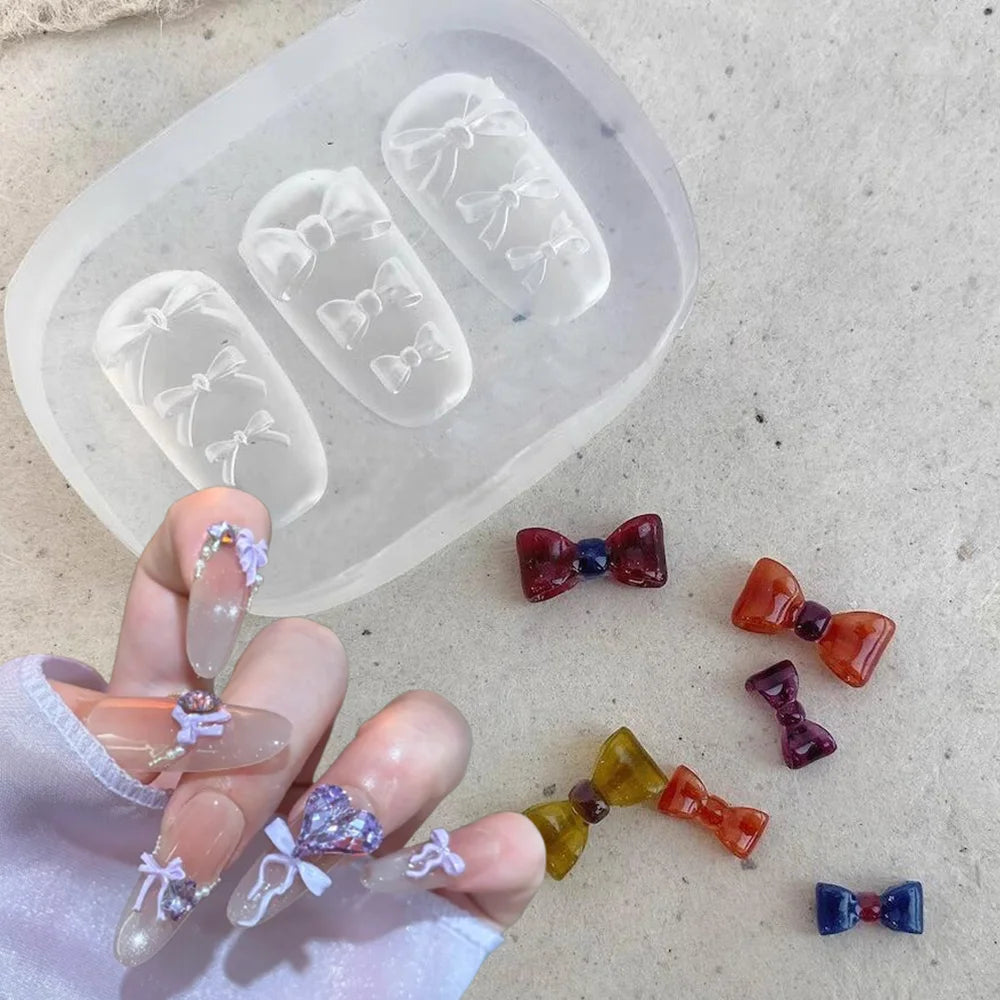 1Pcs 3D Bowknot Silicone Nail Mold Ballet Ribbon Tie Nail Charms Transparent Nails Template Carving Bowtie Manicure Stencil Tool