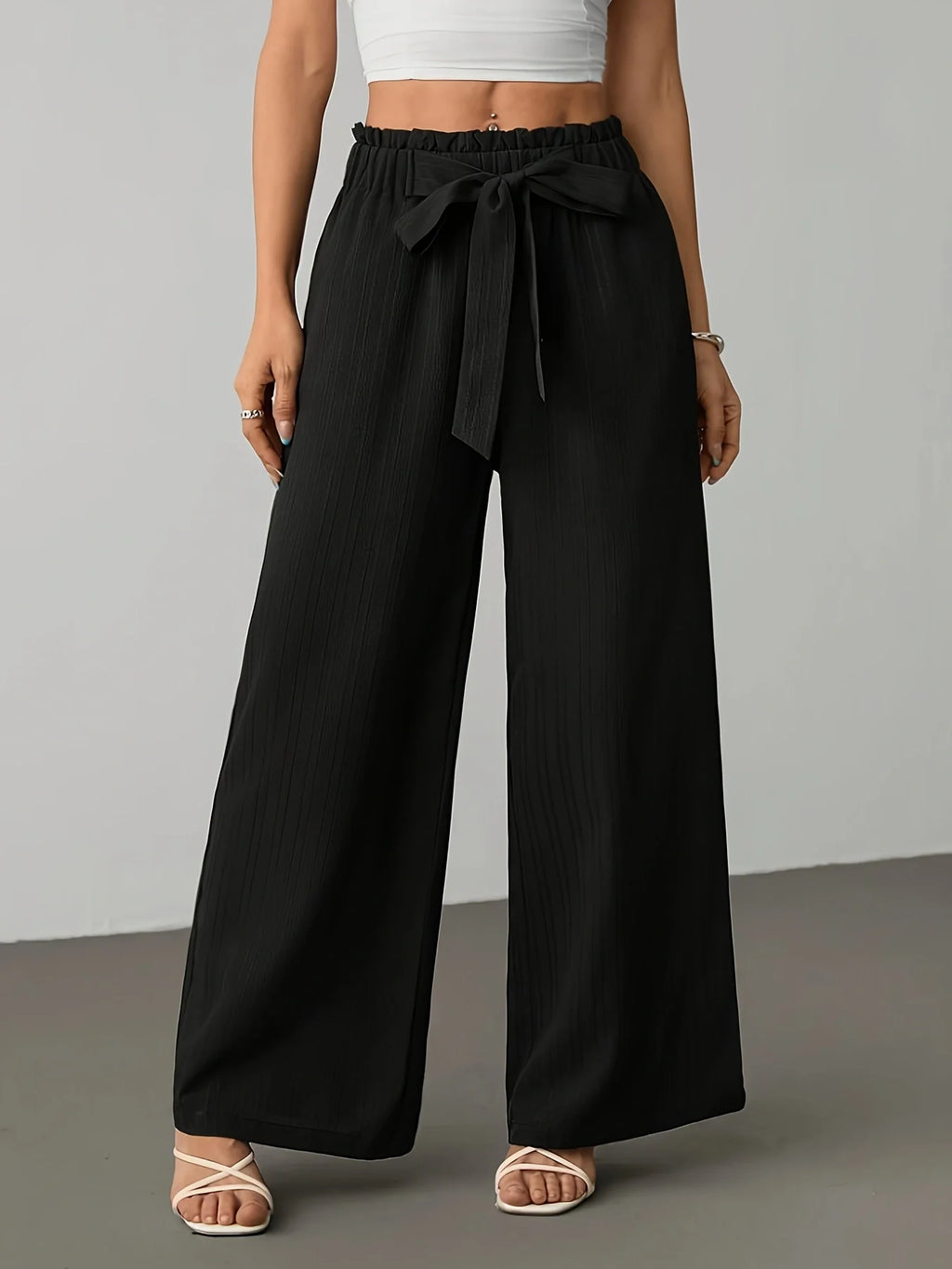 Women's Ruffled Waist Tie Wide-Leg Pants, Draped Striped Casual Trousers, High-Waisted Loose Straight Floor-Length Pants