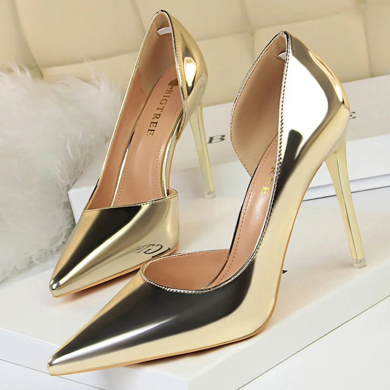 Women 10.5cm High Heels Pumps Lady Stripper Stiletto Metallic Leather Scarpins Wedding Heels Catwalk Party Silver Gold Shoes