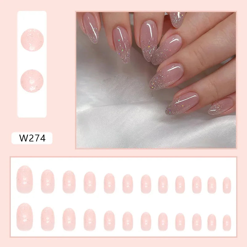 New Short Ballet 24 Pcs Fake Nail with Jelly sticker Press on False Nails Wearable Round Head Oval Full Cover Nail Tips