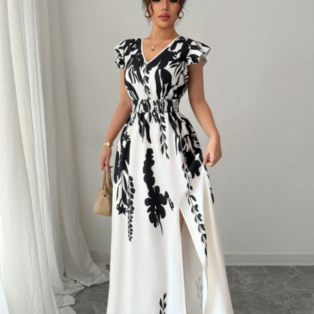 Plus Size Black White Floral Print Maxi Dress Women V-Neck Ruffle Sleeve Smocked Waist Slit Dress