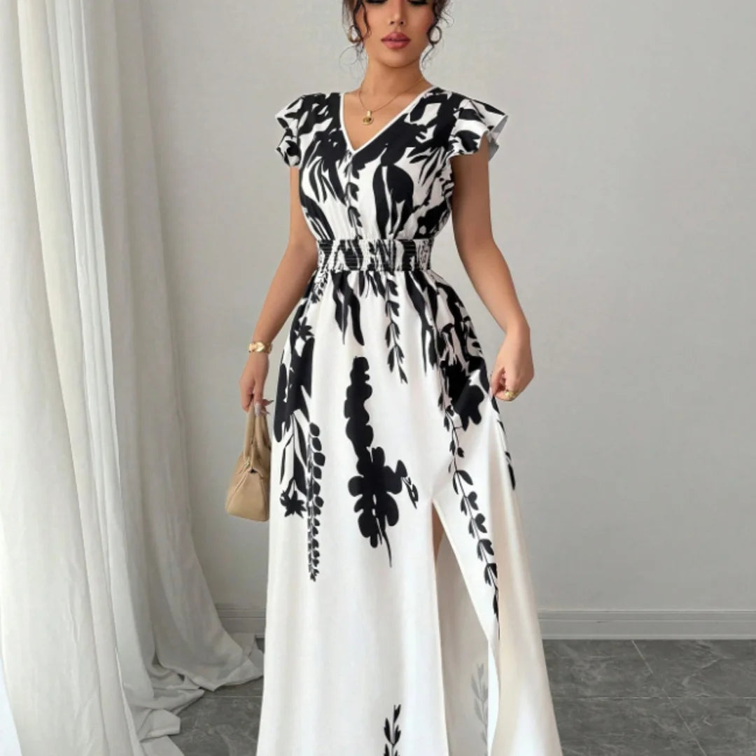 Plus Size Black White Floral Print Maxi Dress Women V-Neck Ruffle Sleeve Smocked Waist Slit Dress