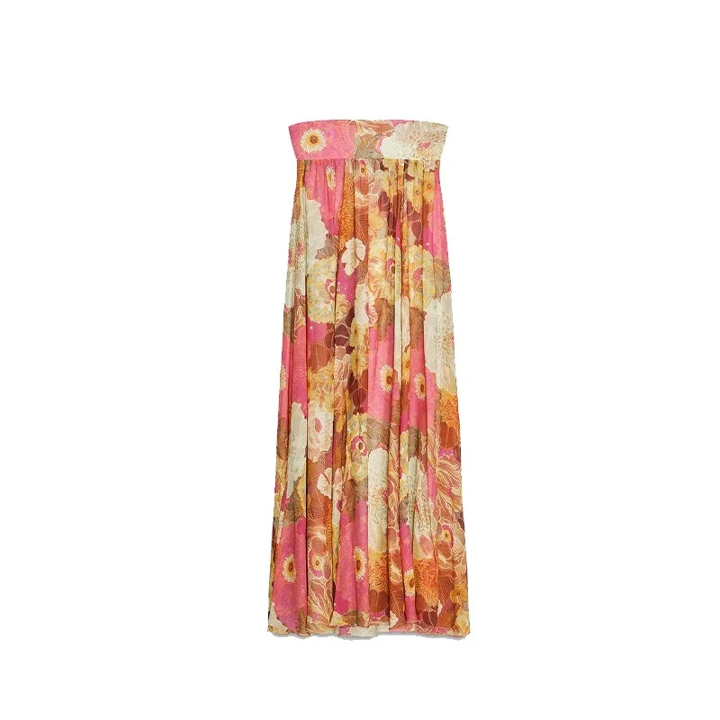 Printed Pleated Vacation Summer Long Dress Women Patchwork Sleeveless Backless Sexy Party Loose Zipper Robe Street Floor Dresses