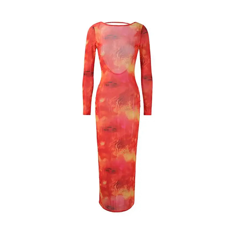 Sexy Slim Fit Long Sleeve Backless Tulle Dress High Waist Bodycon Gown Casual round Neckline Full Length Women's Fashion Dress