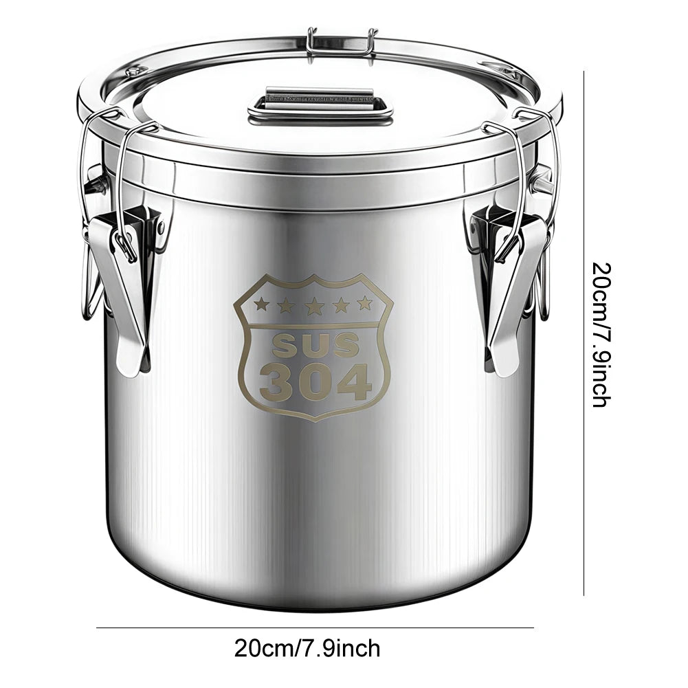 6/12/21/33L 304 Stainless Steel Airtight Canister with Locking Clamp for Rice Grain Oil Sugar Storage Bucket Kitchen Container