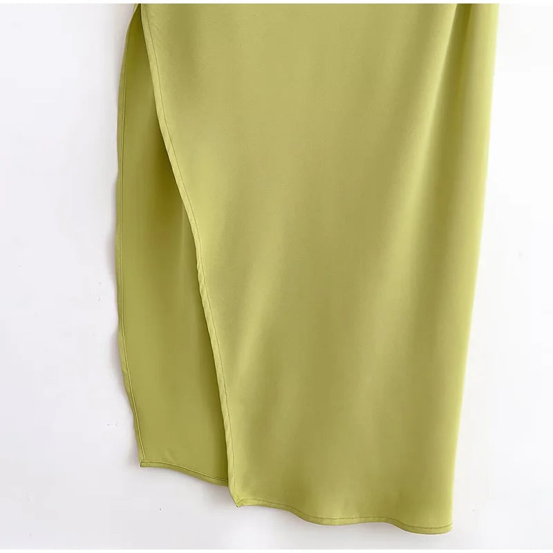 Elegant Pleated Backless Split Long Dress Women Sleeveless High Waist Green 2025 Summer New Holiday Party Dresses Street Robe