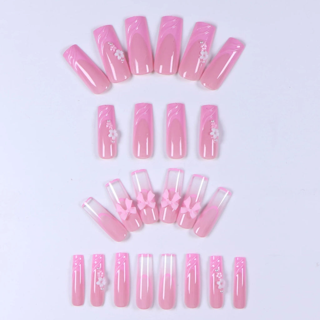 24PCS- Long coffin shaped fake nails, pink three-dimensional butterfly, pink flower decoration, suitable for dating, dinner