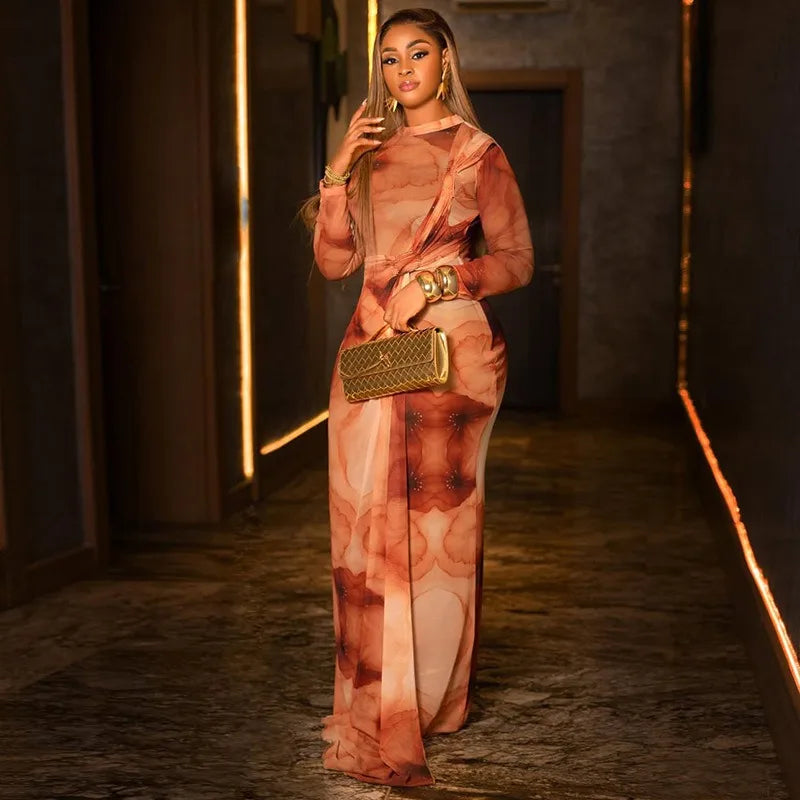 Women's Retro Print O-Neck Long Sleeve Pleated Hips Wrapped Long Dress