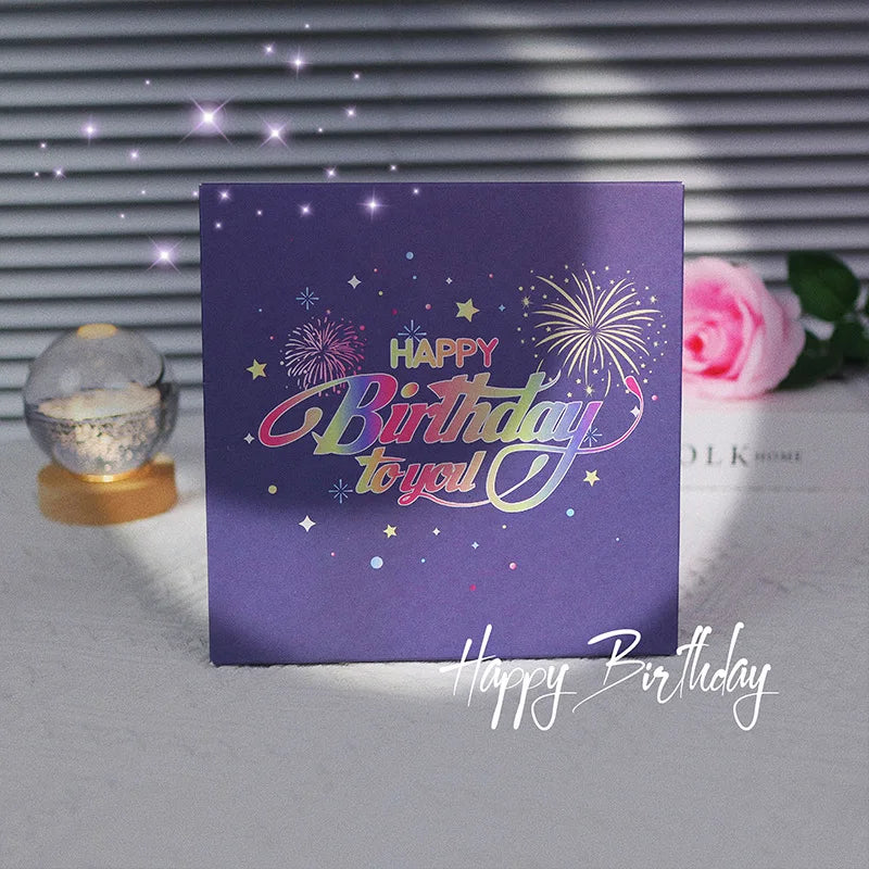 1pcHappy Birthday Card Fireworks 3D Pop Up Cake Light and Music Happy Birthday Card Gift Greeting Card for Husband Kids Wife Mom