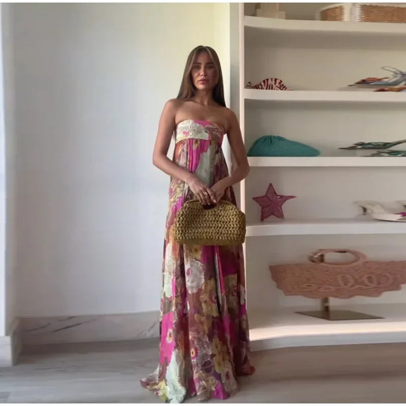 Printed Pleated Vacation Summer Long Dress Women Patchwork Sleeveless Backless Sexy Party Loose Zipper Robe Street Floor Dresses