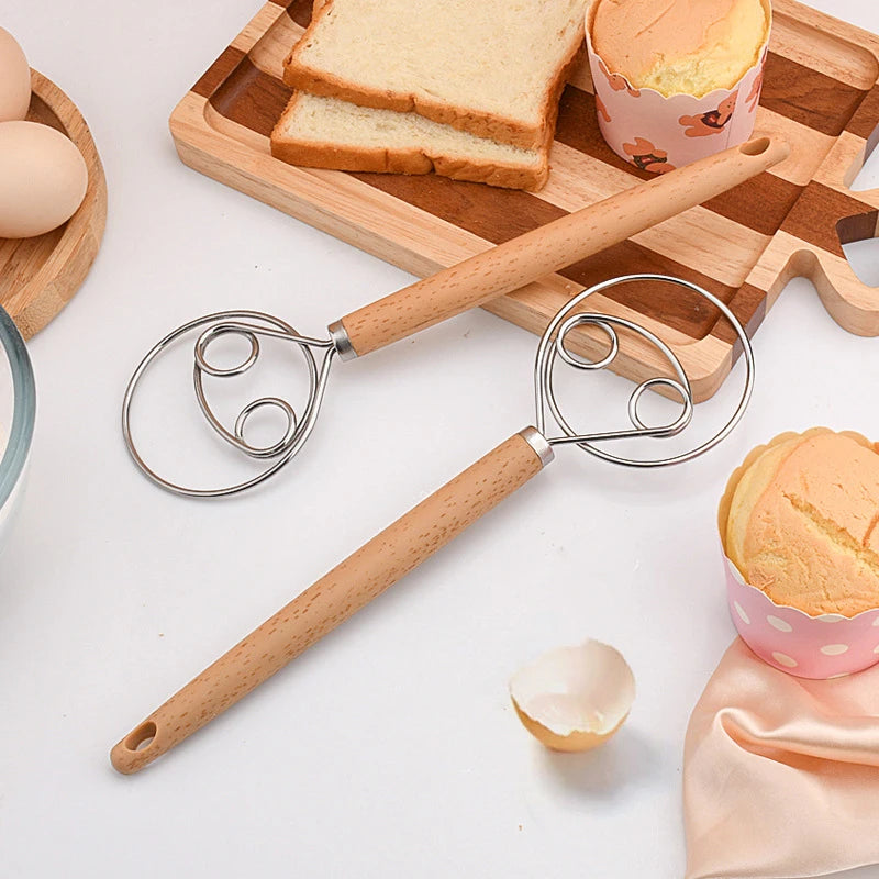 10 Inch Creative Hand Blender DIY Danish Bread Stainless Steel Bakeware Dough Whisk Egg Beater Mixer Tool Wood Handle