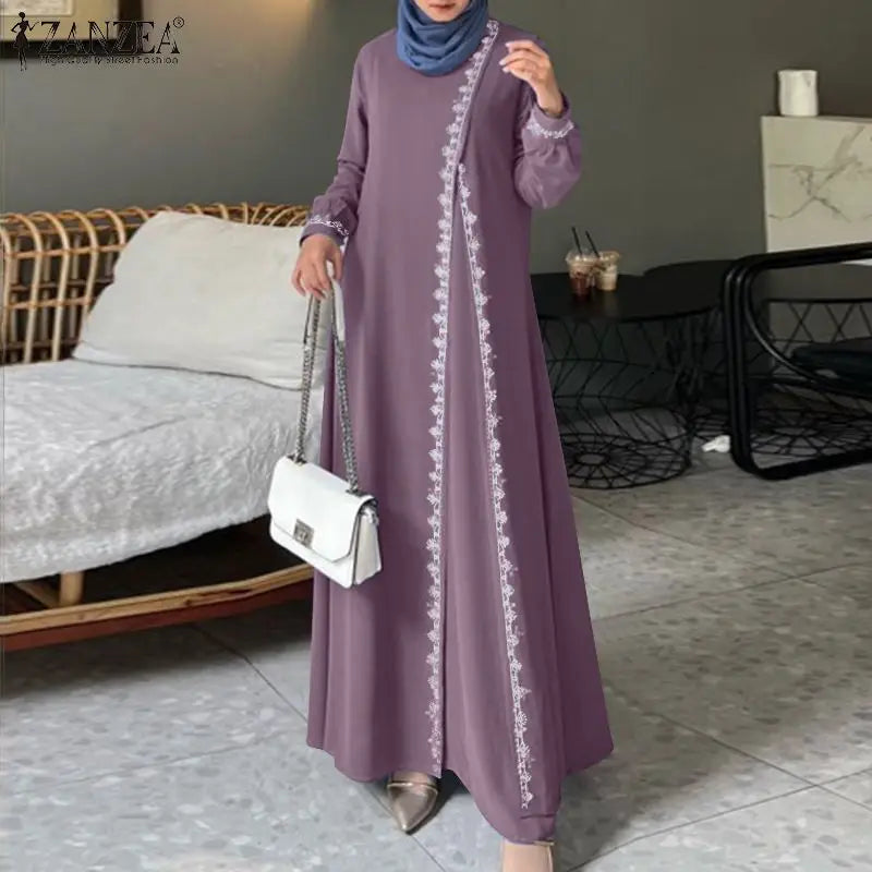 ZANZEA Autumn Women Long Sleeve O Neck Muslim Maxi Dress Kaftan Elegant Lace Crochet Loose Turkey Abaya Vestidos Islamic Dresses