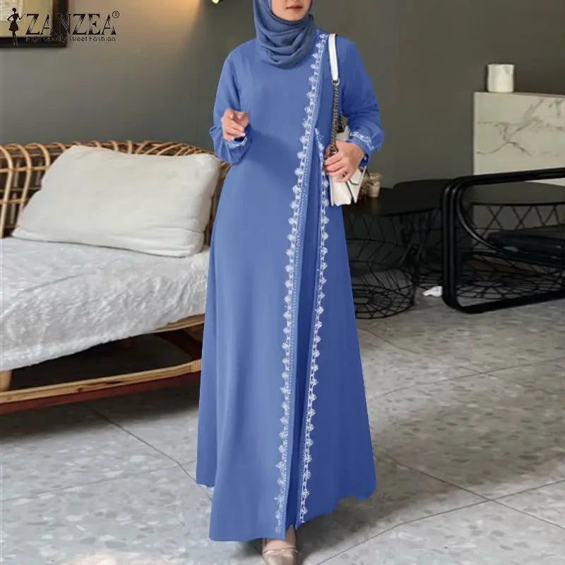 ZANZEA Autumn Women Long Sleeve O Neck Muslim Maxi Dress Kaftan Elegant Lace Crochet Loose Turkey Abaya Vestidos Islamic Dresses
