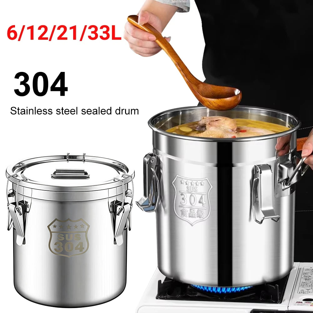 6/12/21/33L 304 Stainless Steel Airtight Canister with Locking Clamp for Rice Grain Oil Sugar Storage Bucket Kitchen Container