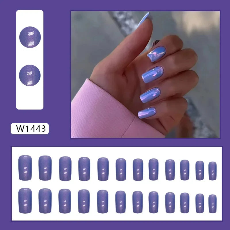 New Short Ballet 24 Pcs Fake Nail with Jelly sticker Press on False Nails Wearable Round Head Oval Full Cover Nail Tips