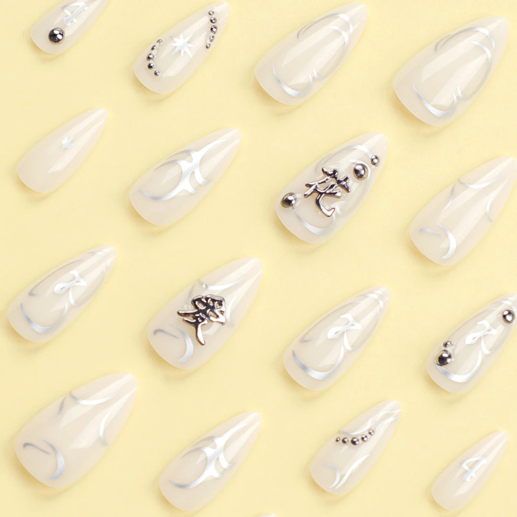 24pcs y2k Sliver Cool Fake Nails Goth Style 3D False Nail Patch Lady Women Wearable Detchable Artificial Nails Patches for Girls