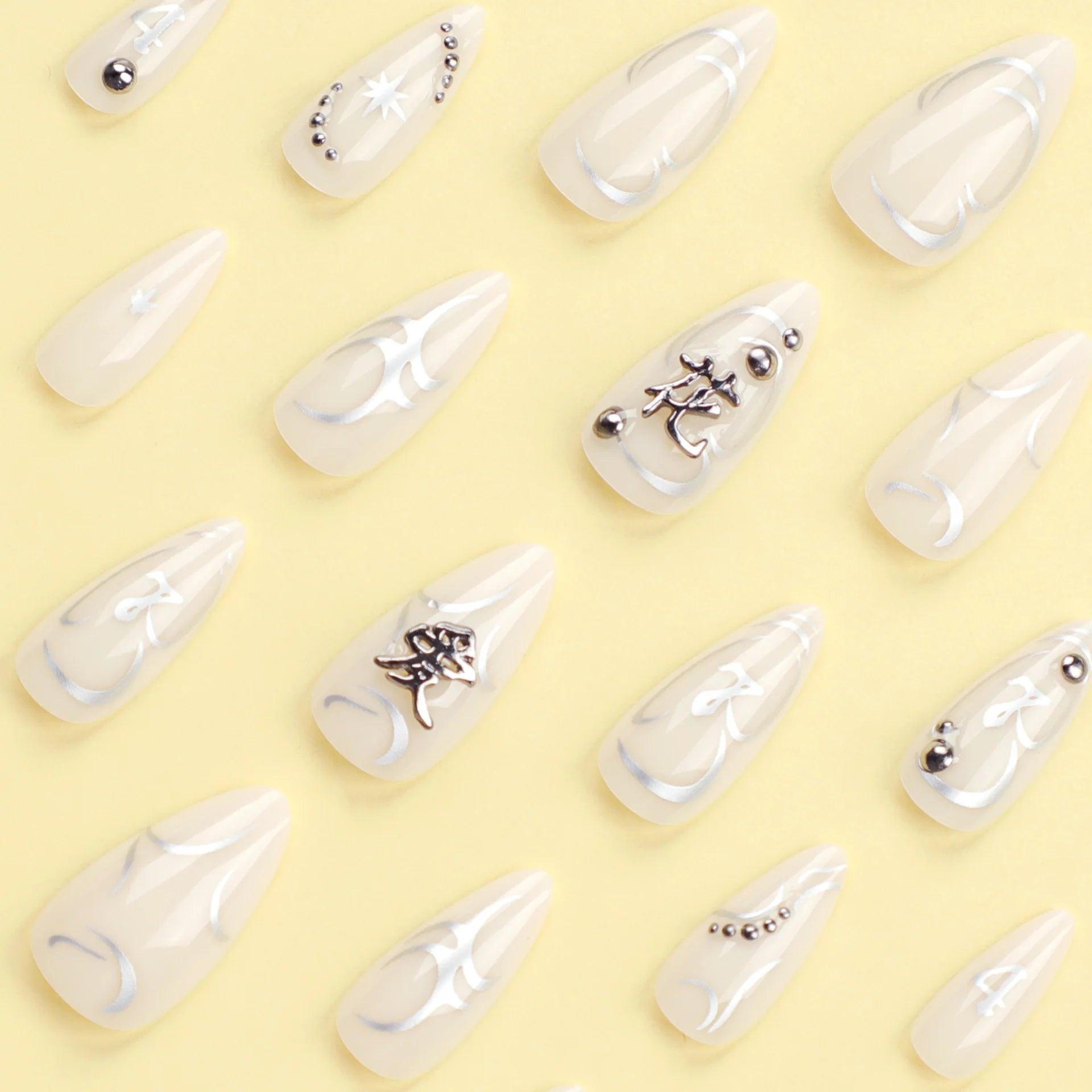 24pcs y2k Sliver Cool Fake Nails Goth Style 3D False Nail Patch Lady Women Wearable Detchable Artificial Nails Patches for Girls