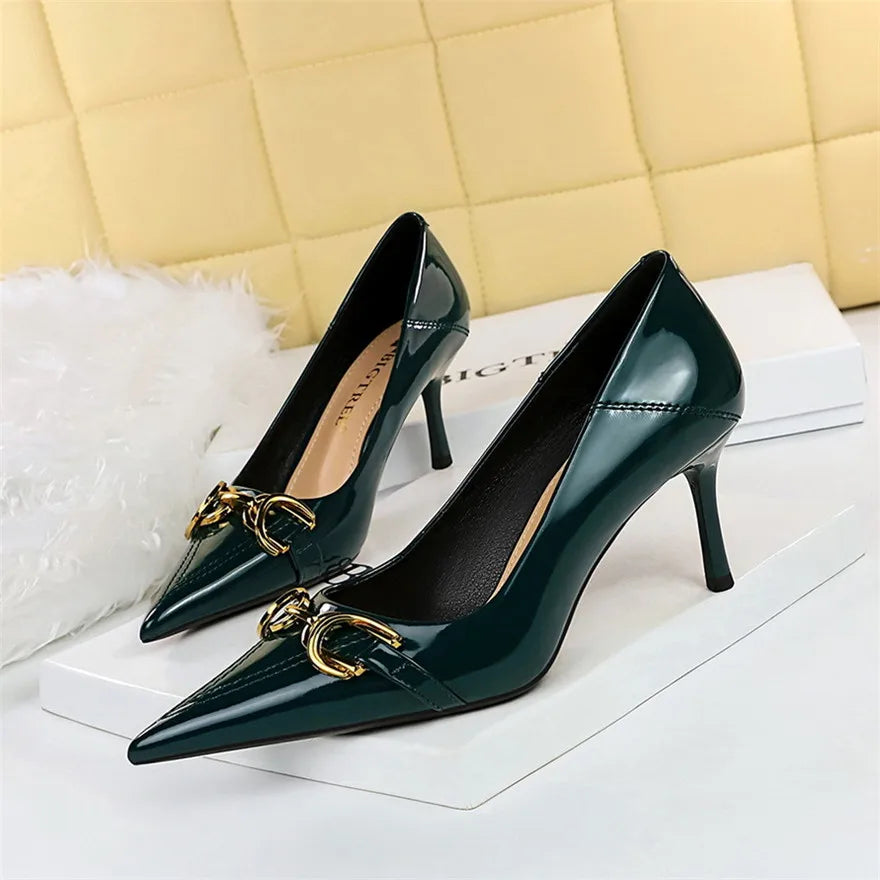 Red White Metal Buckle Wedding Shoes Women 2026 New Patent Leather Shallow High Heels Pumps Fashion Pointy Toe Party Shoes Woman