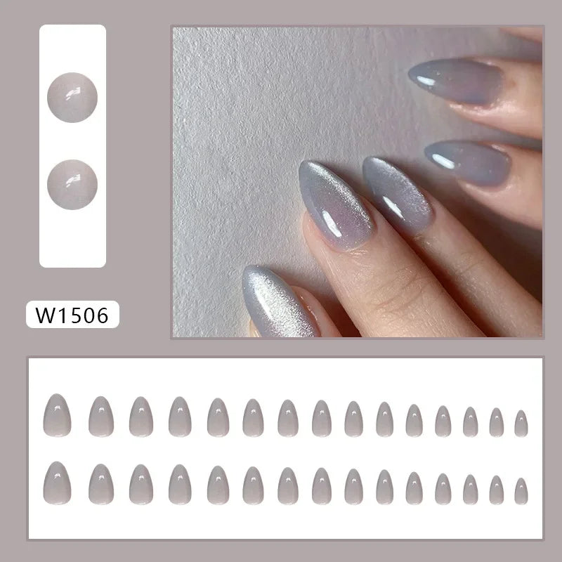 New Short Ballet 24 Pcs Fake Nail with Jelly sticker Press on False Nails Wearable Round Head Oval Full Cover Nail Tips